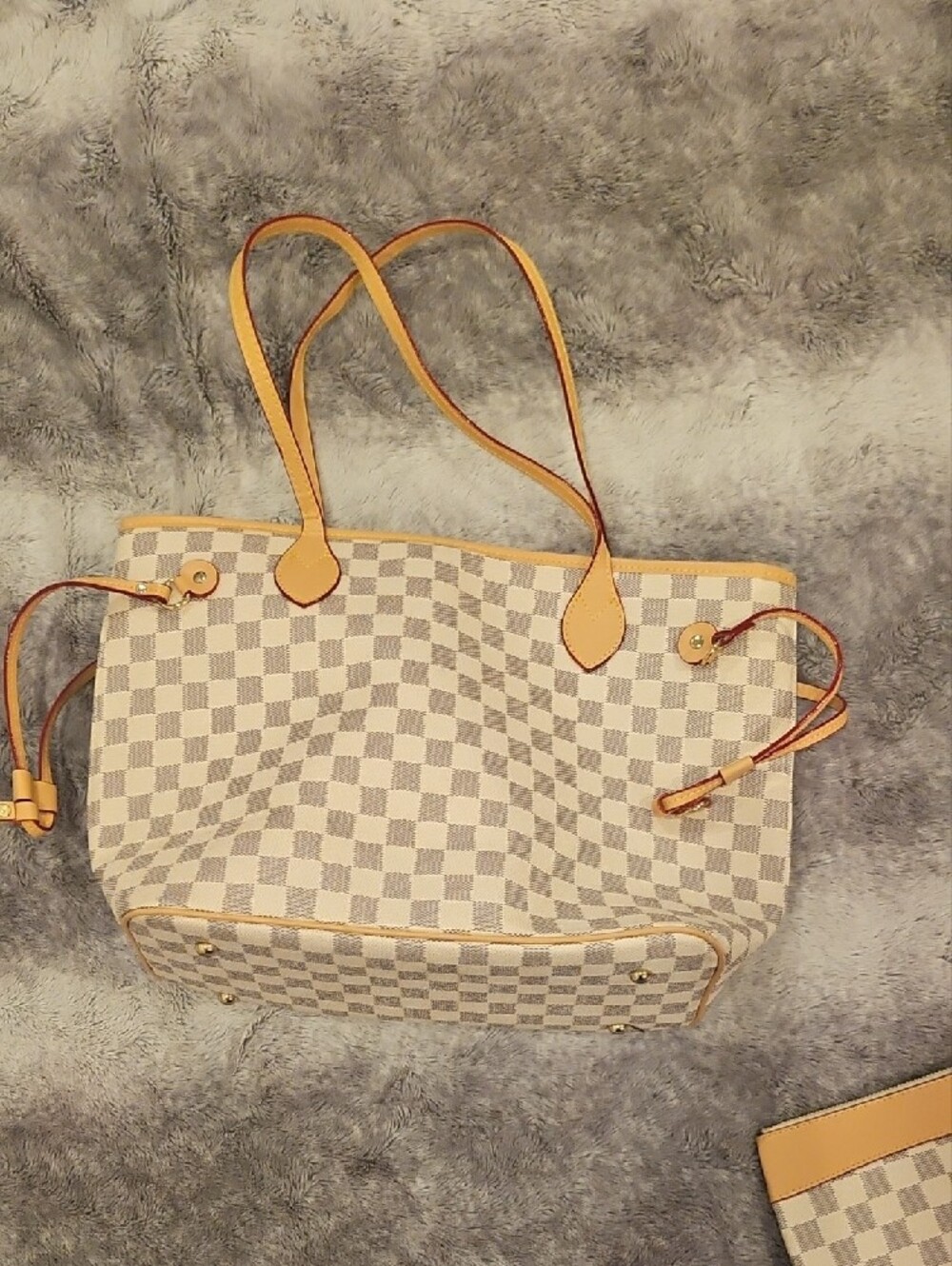 Checked Fashion Bag with Matching Pouch - Cream/Tan - Picture 4 of 5